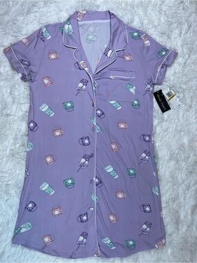 Derek Heart Lavender Short-Sleeve Button Nightshirt with Pastel Print Size S NWT